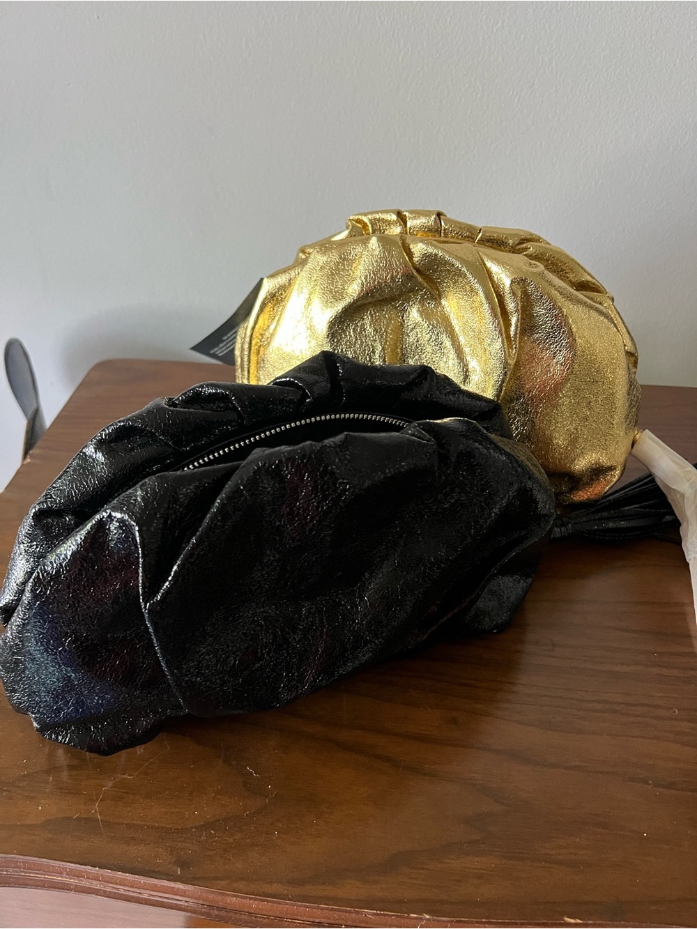 2 Rebecca Minkoff Metallic Ruched Clutches. One Gold one Black.